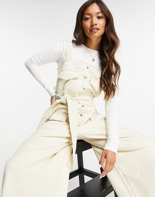 ASOS DESIGN contrast stitch button front overall jumpsuit in stone-Neutral