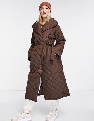Nobody's Child oversized wrap quilted coat in with belt-Brown