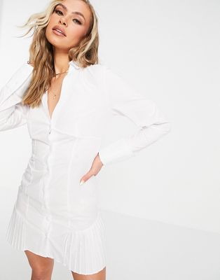 ASOS DESIGN cotton button through mini shirt dress with pleat hem in white