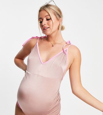 ASOS DESIGN maternity contrast tie shoulder swimsuit with velvet contrast bind in mink and pink