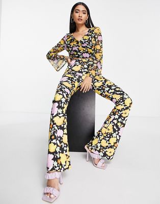 River Island ruched V-front mesh floral flared pants in yellow - part of a set