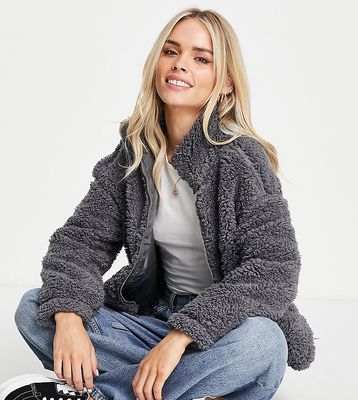 New Look Petite teddy borg funnel neck jacket in gray-Grey
