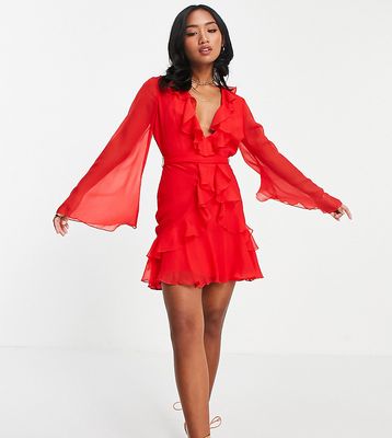ASOS DESIGN Petite ruffle mini dress with waist tie and flare sleeve in red
