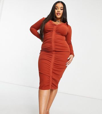 ASOS DESIGN Curve shirt ruched front midi dress in rust-Brown