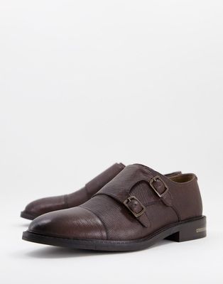Walk London Oliver monk shoes in tan pebble leather-Brown
