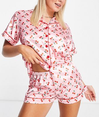 Night satin cherry print short sleeve pajama set in pink