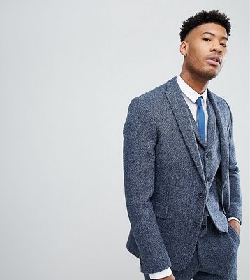ASOS TALL Slim Suit Jacket in 100% Wool Harris Tweed In Blue Mini Check-Blues