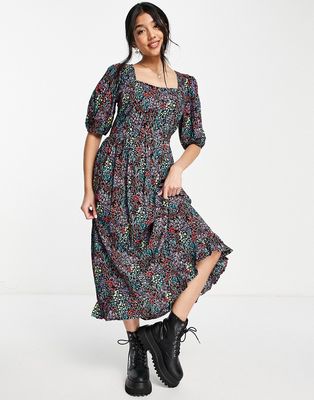 Influence square neck midi dress with open back in floral print-Multi