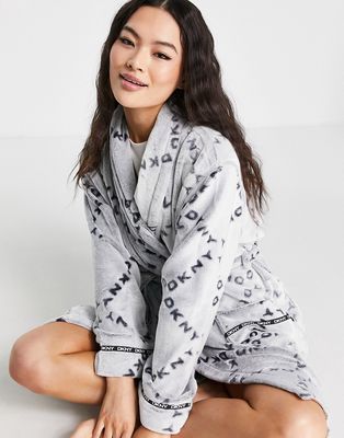 DKNY cozy chenille logo printed gift wrapped robe in gray
