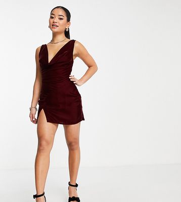 ASOS DESIGN Petite cowl front velvet mini dress with lace up back-Red
