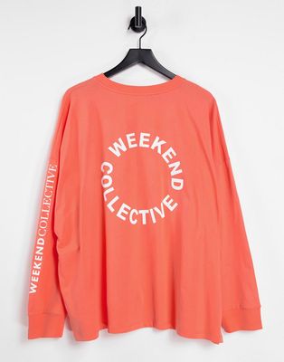 ASOS Weekend Collective Curve oversized longsleeve t-shirt with back logo in orange