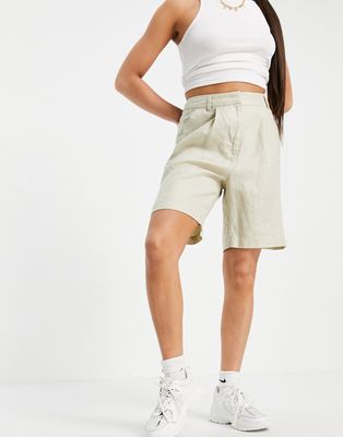 NA-KD high waist linen shorts in khaki-Green