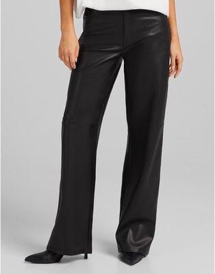 Bershka straight leg faux leather pant in black