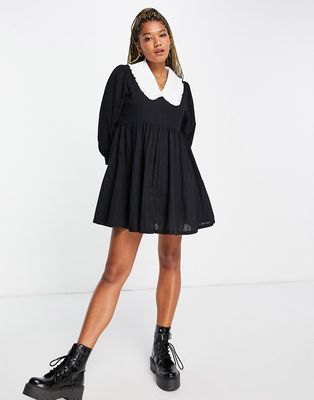 Daisy Street long sleeve mini smock dress with contrast collar-Black