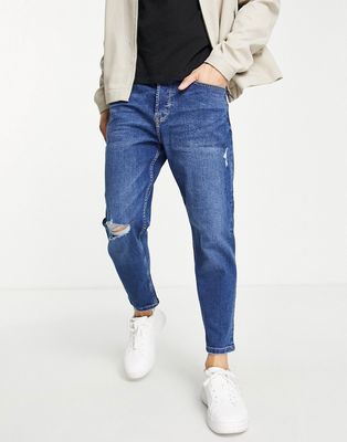 Only & Sons tapered crop jeans in mid blue