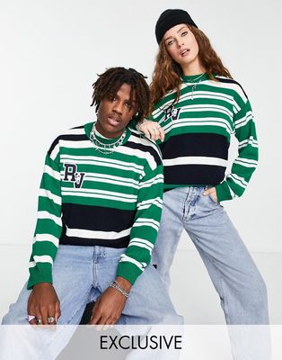 Reclaimed Vintage inspired unisex varsity badge knitted sweater in multi stripe