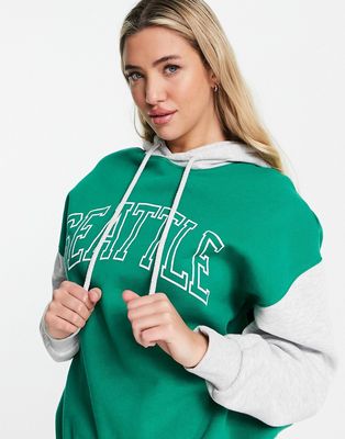 Pull & Bear slogan oversized hoodie with contrast sleeves in green