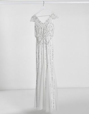 Frock & Frill embellished v neck maxi dress in ivory-White