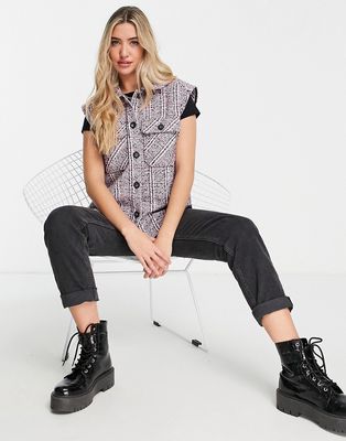 Pieces sleeveless vest in pink & black check-Multi