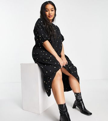 ASOS DESIGN Curve midi tiered smock dress with all over star embroidery in black