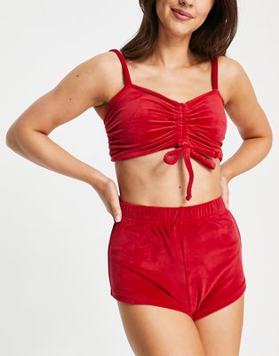 Brave Soul vic velour lounge set with bralette and shorts in red