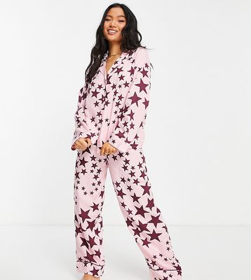 ASOS DESIGN Petite modal star long sleeve shirt & pant pajama set in pink