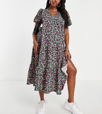 ASOS DESIGN Maternity oversized textured midi smock dress in pink and green floral