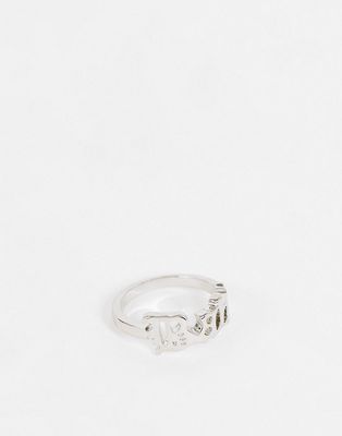 ASOS DESIGN pinky ring with baby slogan in silver tone