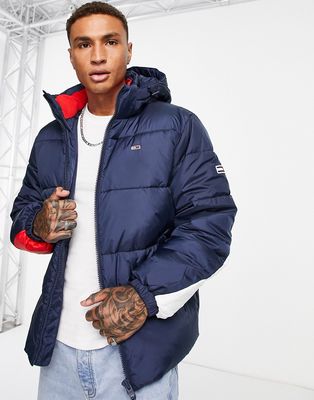 Tommy Jeans back flag hooded puffer jacket in navy