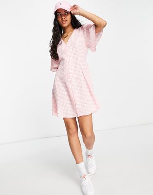 ASOS DESIGN button through tie back mini tea dress with angel sleeve in pink gingham-Multi