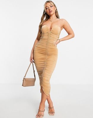 Rare London ruched body-conscious dress in camel-Neutral