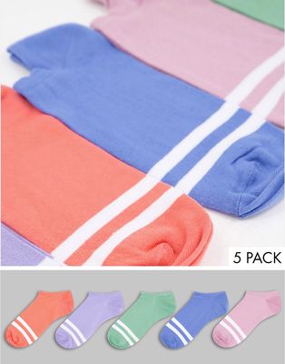 ASOS DESIGN 5-pack sneaker socks in trend colors with sports stripe-Multi