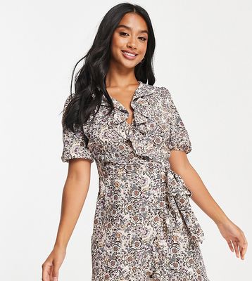 River Island Petite short sleeve floral print wrap dress in white
