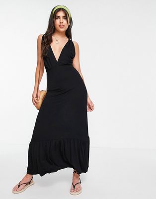 Pieces plunge neck tiered hem maxi dress in black
