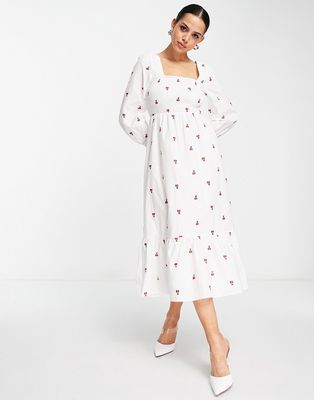 Never Fully Dressed exclusive shirred smock midi dress in white cherry print