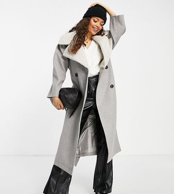 ASOS DESIGN Petite sherpa collar belted coat in gray