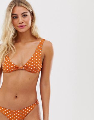 Pull & Bear Pacific polka dot knot front bikini top in brown