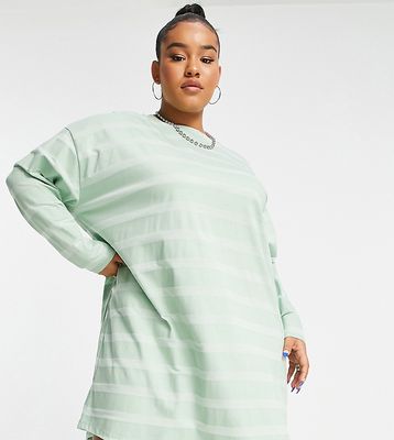 ASOS DESIGN Curve oversized long sleeve t-shirt dress in tonal sage stripe-Green