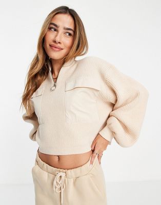Mango sweater with half zip and front pocket detail in beige-Neutral