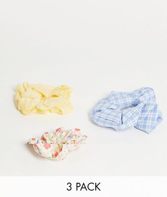 Stradivarius scrunchie multipack x 3 in gingham, yellow and floral print