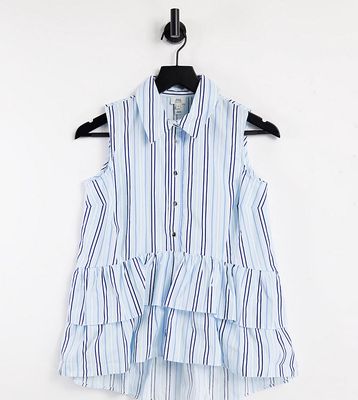 River Island Petite frill hem striped sleeveless shirt in blue-Blues