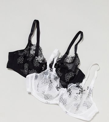Simply Be 2-pack embroidered floral bras in black and white-Multi