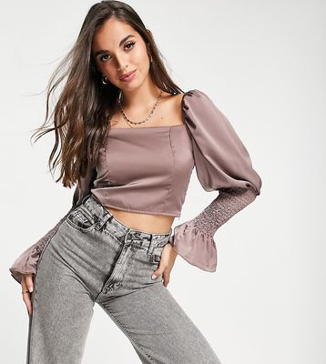In The Style exclusive square neck shirred sleeve detail crop top in taupe-Brown