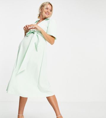 ASOS DESIGN Maternity wrap shirt midi skater dress with self belt in mint-Green