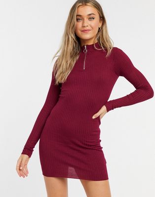Brave Soul high neck sweater dress with zip-Red
