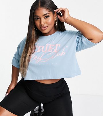 Missguided Plus crop t-shirt with raquet valley club graphic in blue-Blues