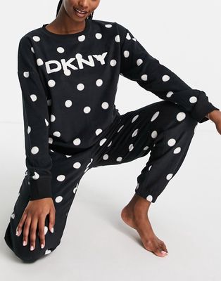 DKNY soft sweat and sweatpants lounge gift wrapped set in black polka dot print