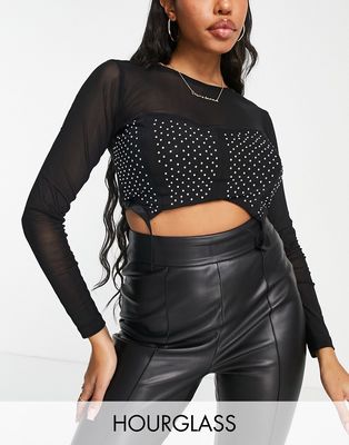 ASOS DESIGN Hourglass mesh crop with crystal corset detail in black