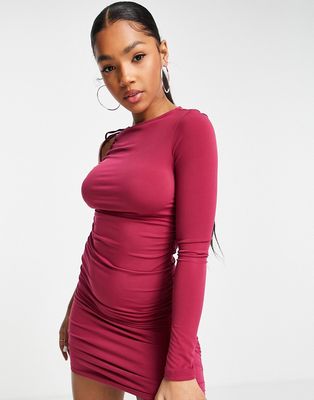 Pull & Bear long sleeve one shoulder mini dress with ruching detail in pink