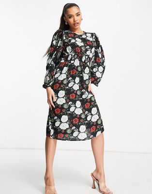 NA-KD smock waist printed midi dress in black floral-Red